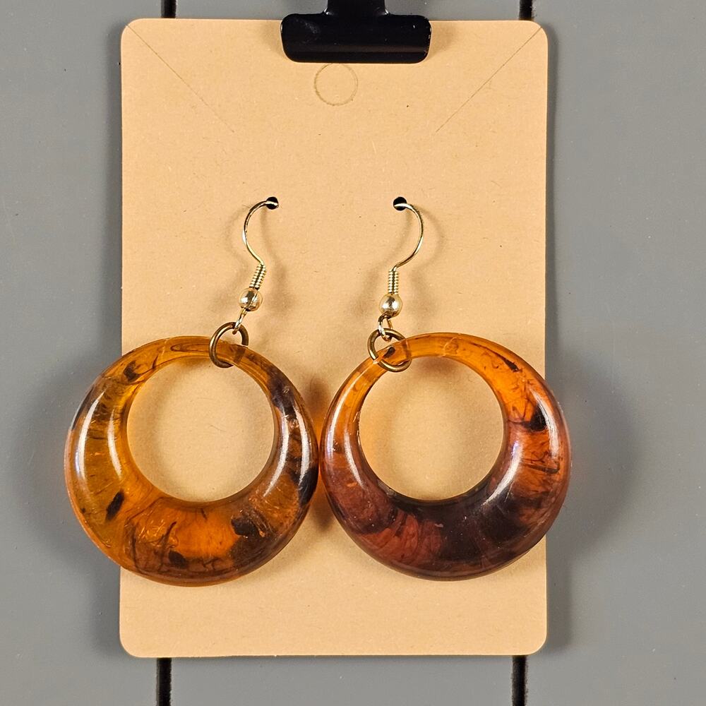 Tortoise Shell Acrylic Hoop Drop Earrings Brown Amber Retro Boho 1.5"